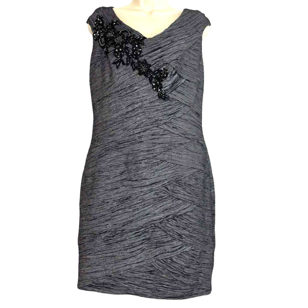 KM Collections Milla Bell Silver Beaded Formal Cocktail Party V-Back Dress sz 12
